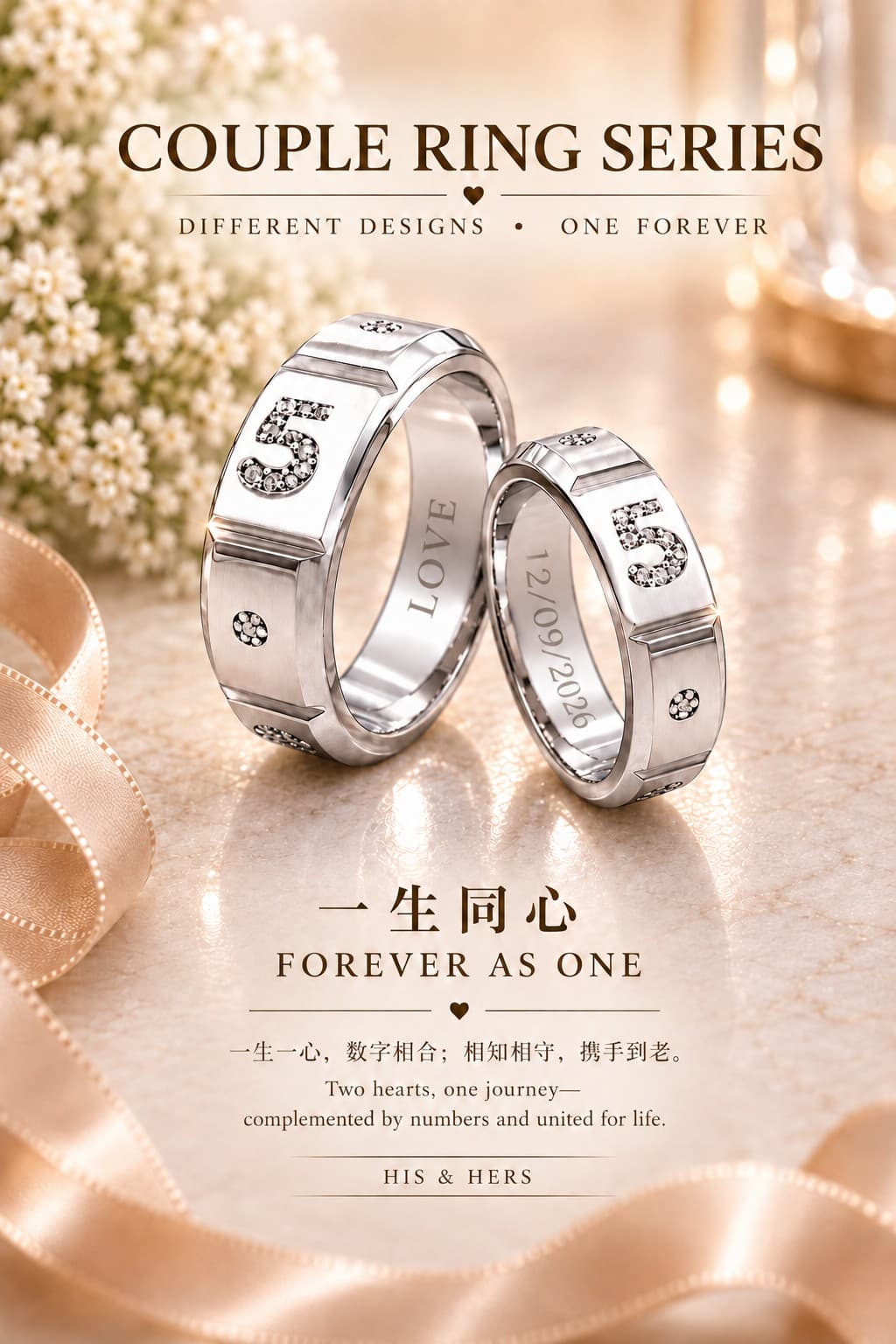 Forever as One personalized numerology couple rings